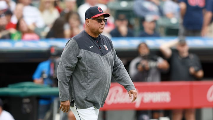 Sep 24, 2023; Cleveland, Ohio, USA; Cleveland Guardians manager Terry Francona walks to the mount to remove starting pitcher Triston McKenzie (11) from the game in the second inning against the Baltimore Orioles at Progressive Field. Mandatory Credit: Aaron Josefczyk-Imagn Images