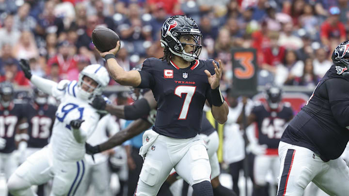 Oct 27, 2024; Houston, Texas, USA; Houston Texans quarterback C.J. Stroud (7) attempts a pass during the first quarter against the Indianapolis Colts at NRG Stadium. Mandatory Credit: Troy Taormina-Imagn Images