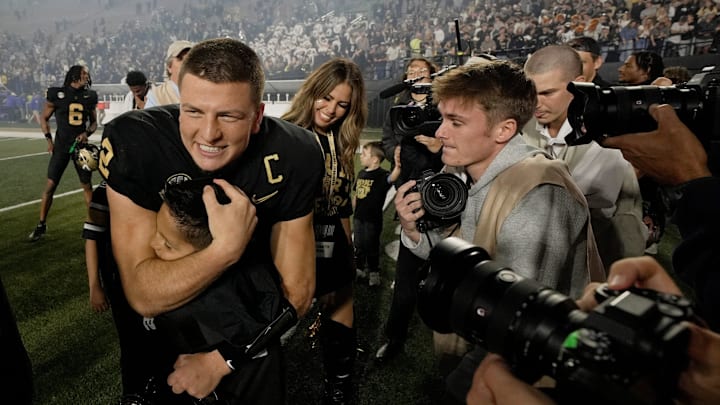 Vanderbilt quarterback Diego Pavia (2) celebrates with fans after the team’s win against Kentucky at FirstBank Stadium in Nashville, Tenn., Saturday, Nov. 22, 2025.