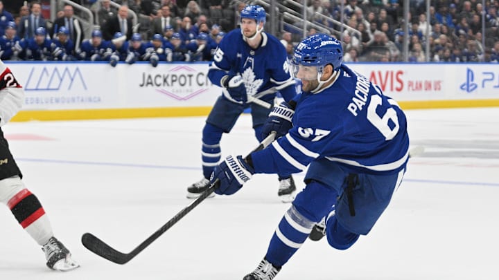 Sep 22, 2024; Toronto, Ontario, CAN;  Toronto Maple Leafs forward Max Pacioretty (67) shoots the puck against the Ottawa Senators in the third period at Scotiabank Arena. Mandatory Credit: Dan Hamilton-Imagn Images
