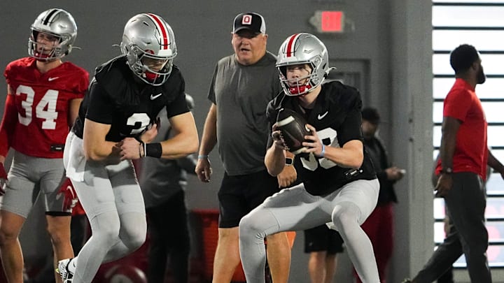 Mar 7, 2024; Columbus, OH, USA; Ohio State Buckeyes quarterback Devin Brown (33) takes a snap during