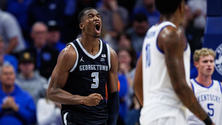 Oct 30, 2025; Lexington, KY, USA; Georgetown Hoyas center Vincent Iwuchukwu (3) celebrates a basket during the second half against the Kentucky Wildcats at Rupp Arena at Central Bank Center. Mandatory Credit: Jordan Prather-Imagn Images Oct 30, 2025; Lexington, KY, USA; Georgetown Hoyas center Vincent Iwuchukwu (3) celebrates a basket during the second half against the Kentucky Wildcats at Rupp Arena at Central Bank Center. Mandatory Credit: Jordan Prather-Imagn Images