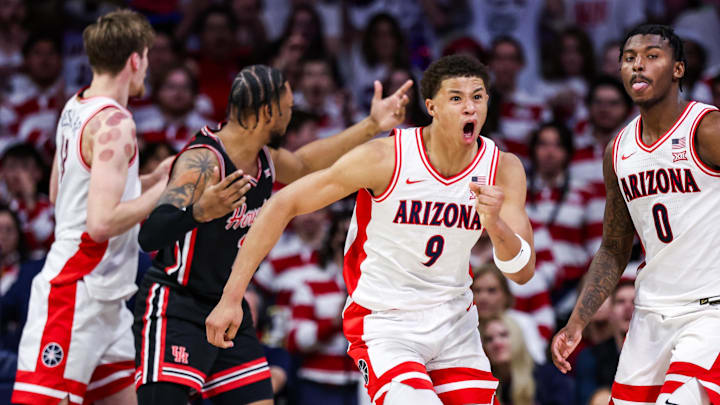 Feb 15, 2025; Tucson, Arizona, USA; Arizona Wildcats forward Carter Bryant (9) reacts after a foul was called during the second half against the Houston Cougars at McKale Center. Mandatory Credit: Aryanna Frank-Imagn Images