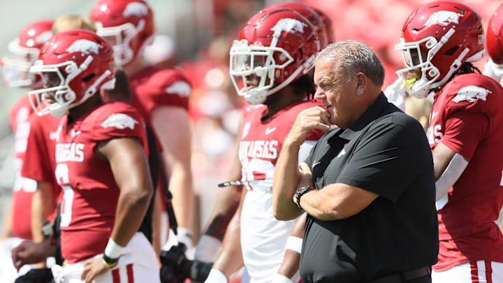 Sep 9, 2023; Fayetteville, Arkansas, USA; Arkansas Razorbacks head coach Sam Pittman prior to the game against the Kent State Golden Flashes at Donald W. Reynolds Razorback Stadium. Mandatory Credit: Nelson Chenault-USA TODAY Sports