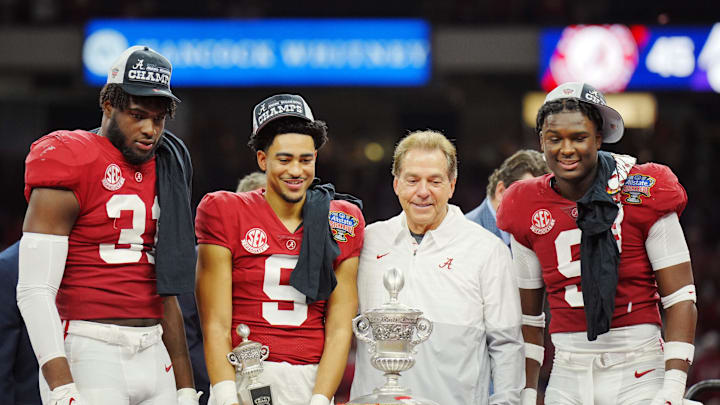 Alabama Crimson Tide LB Will Anderson, QB Bryce Young, head coach Nick Saban, S Jordan Battle