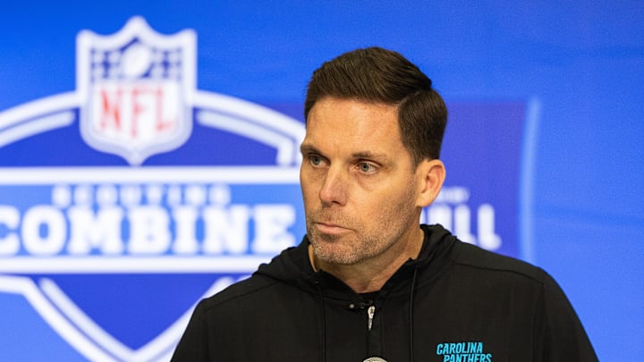 Feb 27, 2024; Indianapolis, IN, USA; Carolina Panthers President of Football Operations/General Manager Dan Morgan talks to the media at the 2024 NFL Combine at Indiana Convention Center. Mandatory Credit: Trevor Ruszkowski-Imagn Images