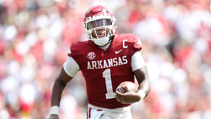 Sep 10, 2022; Fayetteville, Arkansas, USA; Arkansas Razorbacks quarterback KJ Jefferson (1) rushes