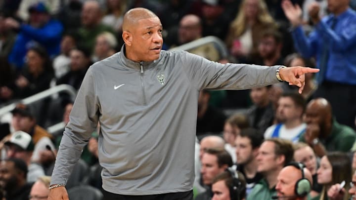 Nov 7, 2024; Milwaukee, Wisconsin, USA; Milwaukee Bucks head coach Doc Rivers calls a play in the third quarter against the Utah Jazz at Fiserv Forum. Mandatory Credit: Benny Sieu-Imagn Images