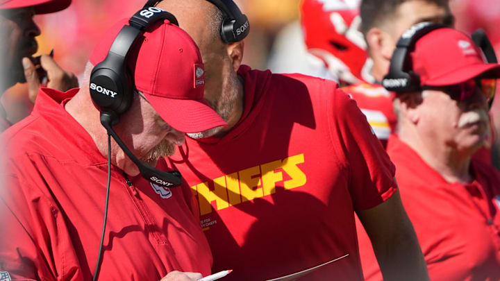 Oct 19, 2025; Kansas City, Missouri, USA; Kansas City Chiefs head coach Andy Reid and offensive coordinator Matt Nagy speak during the third quarter of the game against the Las Vegas Raiders at GEHA Field at Arrowhead Stadium. Mandatory Credit: Denny Medley-Imagn Images