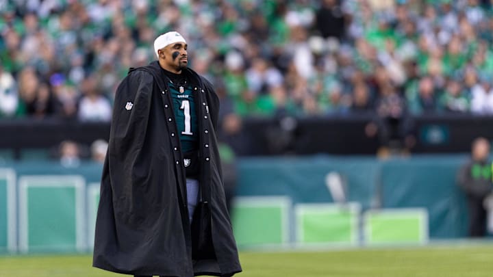 Dec 8, 2024; Philadelphia, Pennsylvania, USA; Philadelphia Eagles quarterback Jalen Hurts (1) looks on during the fourth quarter against the Carolina Panthers at Lincoln Financial Field. Dec 8, 2024; Philadelphia, Pennsylvania, USA; Philadelphia Eagles quarterback Jalen Hurts (1) looks on during the fourth quarter against the Carolina Panthers at Lincoln Financial Field.