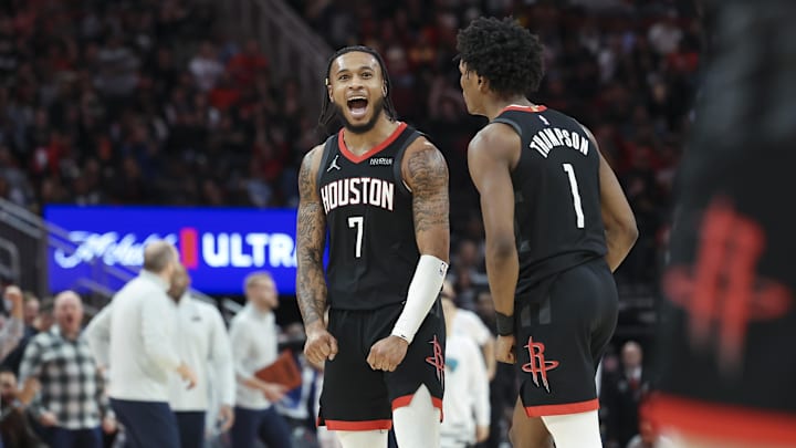 Jan 13, 2025; Houston, Texas, USA; Houston Rockets forward Cam Whitmore (7) reacts after a play during the second half against the Memphis Grizzlies at Toyota Center. Mandatory Credit: Troy Taormina-Imagn Images Jan 13, 2025; Houston, Texas, USA; Houston Rockets forward Cam Whitmore (7) reacts after a play during the second half against the Memphis Grizzlies at Toyota Center. Mandatory Credit: Troy Taormina-Imagn Images
