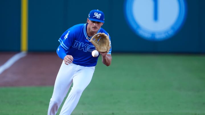 Oklahoma City Comets infielder Alex Freeland (5) fields the ball during a minor league baseball game against the Sugar Land Space Cowboys at Chickasaw Bricktown Ballpark in Oklahoma City.