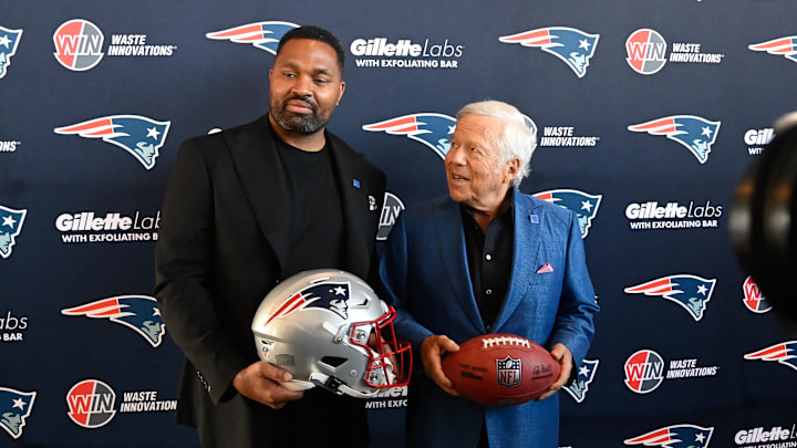 Jan 17, 2024; Foxborough, MA, USA; New England Patriots head coach Jerod Mayo (L) and owner Robert Jan 17, 2024; Foxborough, MA, USA; New England Patriots head coach Jerod Mayo (L) and owner Robert