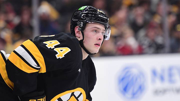 Apr 14, 2026; Boston, Massachusetts, USA; Boston Bruins forward James Hagens (44) gets set for a face-off during the second period against the New Jersey Devils at TD Garden. Mandatory Credit: Bob DeChiara-Imagn Images