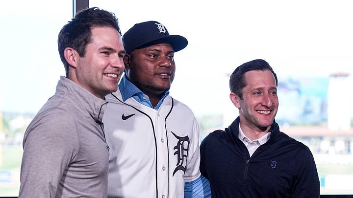 From left, Detroit Tigers president of baseball operations Scott Harris, Framber Valdez, and general manager Jeff Greenberg during Valdez’s introductory press conference at the 34 Club of Joker Marchant Stadium in Lakeland, Fla. on Wednesday, Feb. 11, 2026. From left, Detroit Tigers president of baseball operations Scott Harris, Framber Valdez, and general manager Jeff Greenberg during Valdez’s introductory press conference at the 34 Club of Joker Marchant Stadium in Lakeland, Fla. on Wednesday, Feb. 11, 2026.
