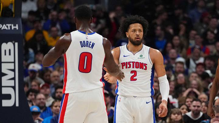 Jan 27, 2026; Denver, Colorado, USA; Detroit Pistons guard Cade Cunningham (2) and center Jalen Duren (0) react to a foul called in the first quarter against the Denver Nuggets at Ball Arena. Mandatory Credit: Ron Chenoy-Imagn Images Jan 27, 2026; Denver, Colorado, USA; Detroit Pistons guard Cade Cunningham (2) and center Jalen Duren (0) react to a foul called in the first quarter against the Denver Nuggets at Ball Arena. Mandatory Credit: Ron Chenoy-Imagn Images