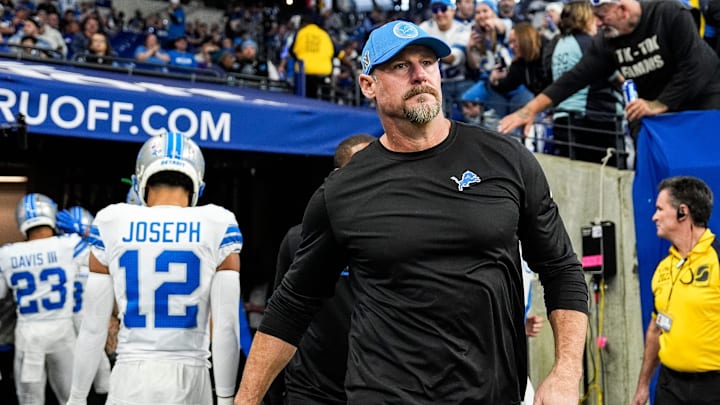 Detroit Lions head coach Dan Campbell takes the field for warmup before the game between Indianapolis Colts and Detroit Lions at Lucas Oil Stadium on Sunday, Nov. 24, 2024.