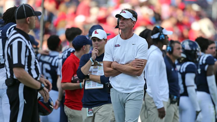 Nov 8, 2025; Oxford, Mississippi, USA; Mississippi Rebels head coach Lane Kiffin walks the sideline during the fourth quarter against The Citadel Bulldogs at Vaught-Hemingway Stadium. Mandatory Credit: Petre Thomas-Imagn Images Nov 8, 2025; Oxford, Mississippi, USA; Mississippi Rebels head coach Lane Kiffin walks the sideline during the fourth quarter against The Citadel Bulldogs at Vaught-Hemingway Stadium. Mandatory Credit: Petre Thomas-Imagn Images