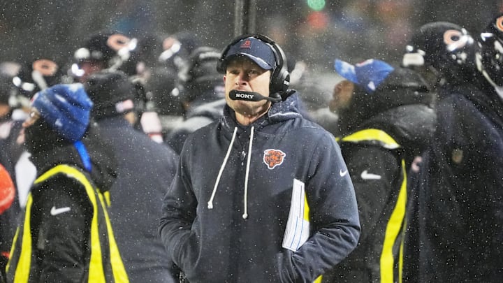 Jan 18, 2026; Chicago, IL, USA; Chicago Bears head coach Ben Johnson watches game play against the Los Angeles Rams during the second quarter of an NFC Divisional Round game at Soldier Field. Mandatory Credit: David Banks-Imagn Images