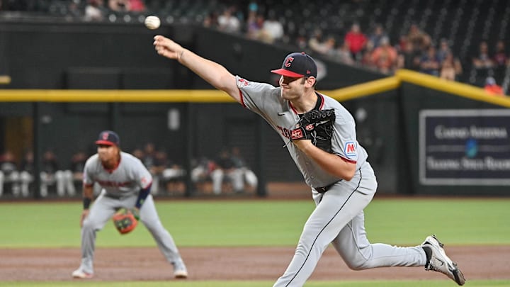 Aug 18, 2025; Phoenix, Arizona, USA; Cleveland Guardians pitcher Gavin Williams (32) throws in the first inning against the Arizona Diamondbacks at Chase Field. Mandatory Credit: Matt Kartozian-Imagn Images