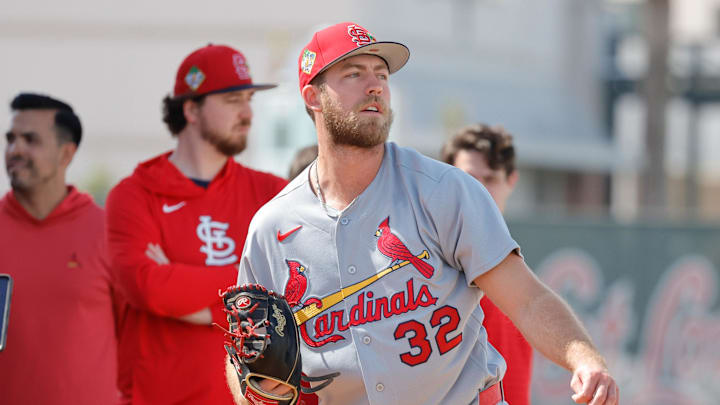 Feb 16, 2026; Jupiter, FL, USA;  St. Louis Cardinals pitcher Matthew Liberatore (32) throws a pitch during spring training workouts at Roger Dean Stadium. Mandatory Credit: Reinhold Matay-Imagn Images