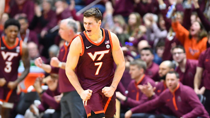 Feb 15, 2025; Blacksburg, Virginia, USA; Virginia Tech Hokies guard Brandon Rechsteiner (7) celebrates a three point basket during the second half against the Virginia Cavaliers at Cassell Coliseum. Mandatory Credit: Brian Bishop-Imagn Images Feb 15, 2025; Blacksburg, Virginia, USA; Virginia Tech Hokies guard Brandon Rechsteiner (7) celebrates a three point basket during the second half against the Virginia Cavaliers at Cassell Coliseum. Mandatory Credit: Brian Bishop-Imagn Images