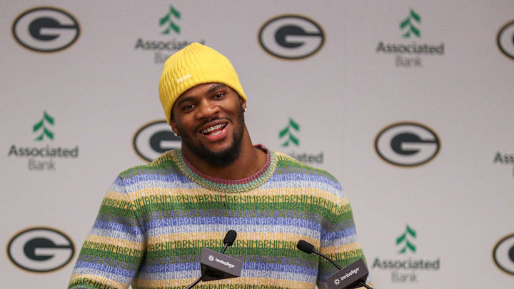 Green Bay Packers edge rusher Micah Parsons speaks during an introductory press conference on Friday, August 29, 2025, at Lambeau Field in Green Bay, Wis. The Packers made a trade with the Dallas Cowboys on Aug. 28 to acquire Parsons in exchange for defensive tackle Kenny Clark and two first round picks.
Tork Mason/USA TODAY NETWORK-Wisconsin
