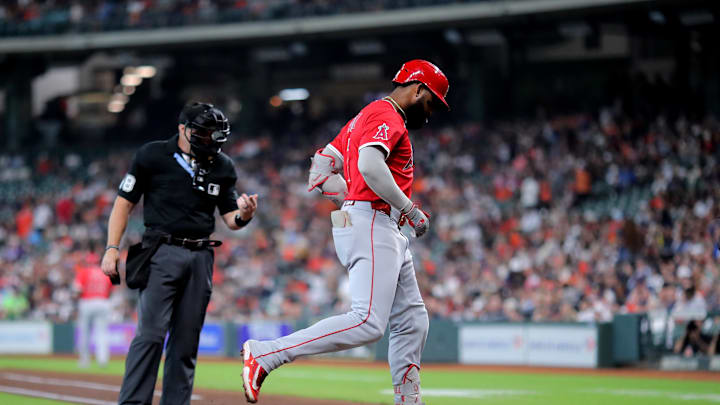 Sep 1, 2025; Houston, Texas, USA; Los Angeles Angels right fielder Jo Adell (7) crosses home plate after hitting a two run home run to left field against the Houston Astros during the fourth inning at Daikin Park. Mandatory Credit: Erik Williams-Imagn Images Sep 1, 2025; Houston, Texas, USA; Los Angeles Angels right fielder Jo Adell (7) crosses home plate after hitting a two run home run to left field against the Houston Astros during the fourth inning at Daikin Park. Mandatory Credit: Erik Williams-Imagn Images