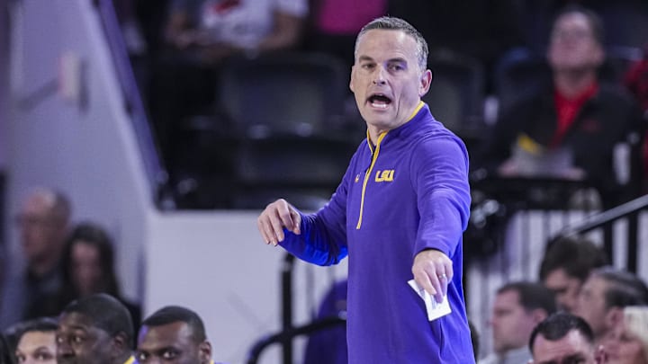 Feb 5, 2025; Athens, Georgia, USA; LSU Tigers head coach Matt McMahon reacts on the bench during the game against the Georgia Bulldogs at Stegeman Coliseum. Mandatory Credit: Dale Zanine-Imagn Images