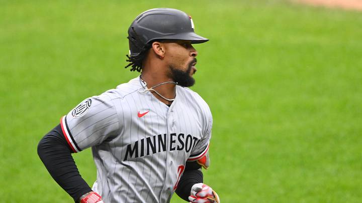 Jul 20, 2026; Cleveland, Ohio, USA; Minnesota Twins center fielder Byron Buxton (25) runs out a single in the third inning against the Cleveland Guardians at Progressive Field. Mandatory Credit: David Richard-Imagn Images
