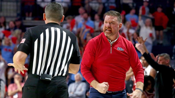 Mississippi Rebels head coach Chris Beard reacts toward an official during the second half against the Oklahoma Sooners Mississippi Rebels head coach Chris Beard reacts toward an official during the second half against the Oklahoma Sooners