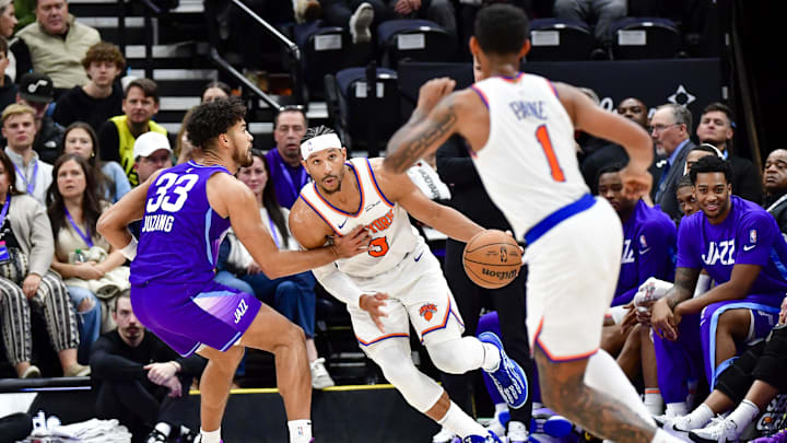 Nov 23, 2024; Salt Lake City, Utah, USA; New York Knicks guard Josh Hart (3) dribbles the ball against Utah Jazz guard Johnny Juzang (33) during the second half at the Delta Center. Mandatory Credit: Christopher Creveling-Imagn Images Nov 23, 2024; Salt Lake City, Utah, USA; New York Knicks guard Josh Hart (3) dribbles the ball against Utah Jazz guard Johnny Juzang (33) during the second half at the Delta Center. Mandatory Credit: Christopher Creveling-Imagn Images