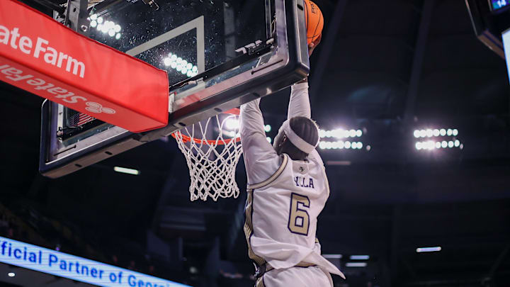 Dec 16, 2025; Atlanta, Georgia, USA; Georgia Tech Yellow Jackets center Mouhamed Sylla (6) dunks against the Marist Red Foxes in the second half at McCamish Pavilion. Mandatory Credit: Brett Davis-Imagn Images