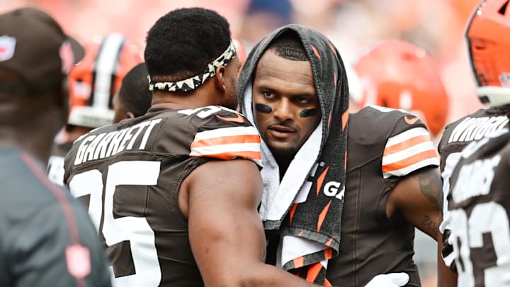 Sep 22, 2024; Cleveland, Ohio, USA; Cleveland Browns defensive end Myles Garrett (95) and quarterback Deshaun Watson (4) hug before the game between the Browns and the New York Giants at Huntington Bank Field. Mandatory Credit: Ken Blaze-Imagn Images Sep 22, 2024; Cleveland, Ohio, USA; Cleveland Browns defensive end Myles Garrett (95) and quarterback Deshaun Watson (4) hug before the game between the Browns and the New York Giants at Huntington Bank Field. Mandatory Credit: Ken Blaze-Imagn Images