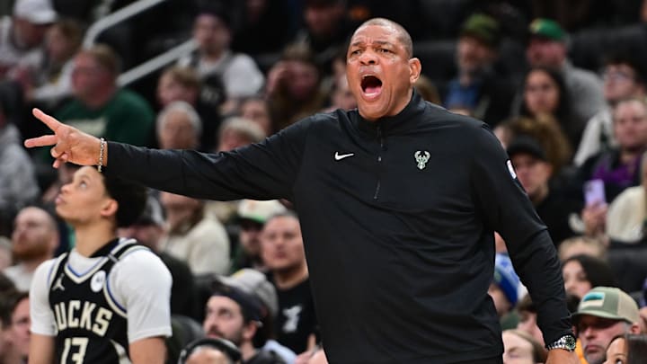 Apr 10, 2025; Milwaukee, Wisconsin, USA; Milwaukee Bucks head coach Doc Rivers calls a play in the second quarter against the New Orleans Pelicans at Fiserv Forum. Mandatory Credit: Benny Sieu-Imagn Images Apr 10, 2025; Milwaukee, Wisconsin, USA; Milwaukee Bucks head coach Doc Rivers calls a play in the second quarter against the New Orleans Pelicans at Fiserv Forum. Mandatory Credit: Benny Sieu-Imagn Images