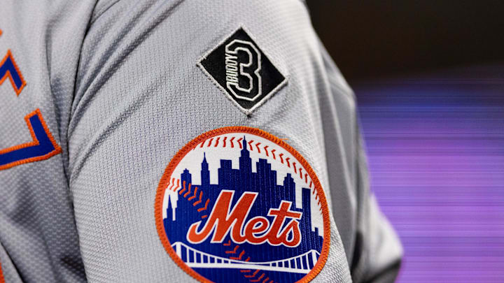 May 15, 2024; Philadelphia, Pennsylvania, USA; New York Mets logo on the sleeve of J.D. Martinez during a game against the Philadelphia Phillies at Citizens Bank Park. Mandatory Credit: Bill Streicher-Imagn Images