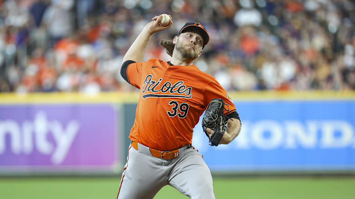 Jun 22, 2024; Houston, Texas, USA; Baltimore Orioles starting pitcher Corbin Burnes (39) delivers a pitch during the second inning against the Houston Astros at Minute Maid Park. Mandatory Credit: Troy Taormina-Imagn Images Jun 22, 2024; Houston, Texas, USA; Baltimore Orioles starting pitcher Corbin Burnes (39) delivers a pitch during the second inning against the Houston Astros at Minute Maid Park. Mandatory Credit: Troy Taormina-Imagn Images