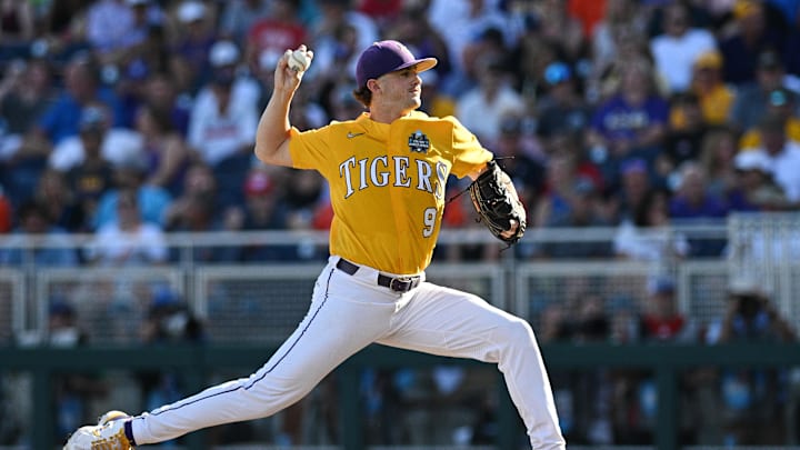 Jun 24, 2023; Omaha, NE, USA;  LSU Tigers pitcher Ty Floyd (9) pitches against the Florida Gators in the first inning at Charles Schwab Field Omaha. Mandatory Credit: Steven Branscombe-Imagn Images
