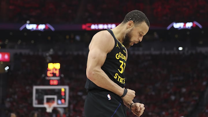 May 4, 2025; Houston, Texas, USA; Golden State Warriors guard Stephen Curry (30) reacts after a play during game seven of the first round for the 2025 NBA Playoffs against the Houston Rockets at Toyota Center. Mandatory Credit: Troy Taormina-Imagn Images