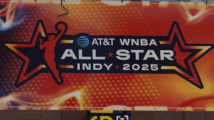 Signs advertising the WNBA All-Star games go up around Gainbridge Fieldhouse, Tuesday, July 8, 2025, in Indianapolis.