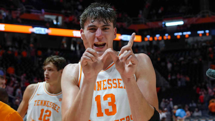Tennessee forward J.P. Estrella (13) celebrates after winning a NCAA basketball game between the Tennessee Volunteers and Northern Kentucky Norse at Thompson-Boling Arena at Food City Center on Nov. 8, 2025. Tennessee forward J.P. Estrella (13) celebrates after winning a NCAA basketball game between the Tennessee Volunteers and Northern Kentucky Norse at Thompson-Boling Arena at Food City Center on Nov. 8, 2025.