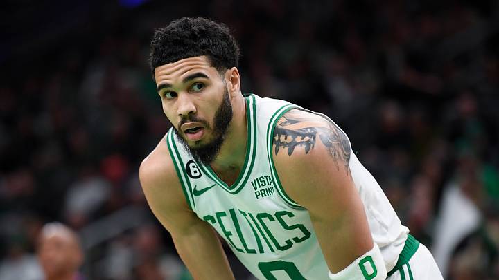 Feb 15, 2023; Boston, Massachusetts, USA;  Boston Celtics forward Jayson Tatum (0) during the first half against the Detroit Pistons at TD Garden. Mandatory Credit: Bob DeChiara-USA TODAY Sports