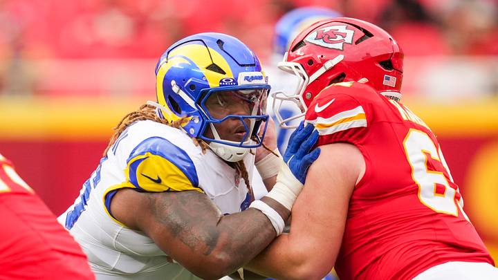 Aug 15, 2026; Kansas City, Missouri, USA; Los Angeles Rams defensive tackle Tim Keenan III (96) rushes against Kansas City Chiefs guard C.J. Hanson (61) during the second half at Arrowhead Stadium. Mandatory Credit: Jay Biggerstaff-Imagn Images