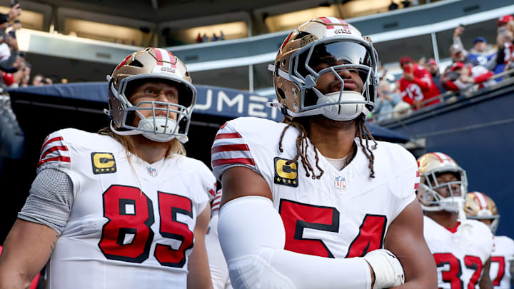 San Francisco 49ers tight end George Kittle (85) and linebacker Fred Warner (54)