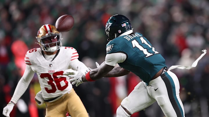 Jan 11, 2026; Philadelphia, PA, USA; Philadelphia Eagles wide receiver A.J. Brown (11) is unable to make a catch as San Francisco 49ers safety Marques Sigle (36) looks on during the second quarter in an NFC Wild Card Round game at Lincoln Financial Field. Mandatory Credit: Bill Streicher-Imagn Images