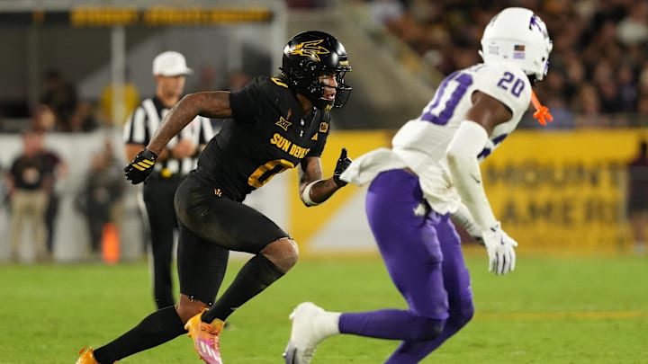Sep 26, 2025; Tempe, Arizona, USA; Arizona State Sun Devils wide receiver Jordyn Tyson (0) runs against TCU Horned Frogs cornerback Jevon McIver Jr. (20) in the second half at Mountain America Stadium, Home of the ASU Sun Devils. Mandatory Credit: Jacob Reiner-Imagn Images Sep 26, 2025; Tempe, Arizona, USA; Arizona State Sun Devils wide receiver Jordyn Tyson (0) runs against TCU Horned Frogs cornerback Jevon McIver Jr. (20) in the second half at Mountain America Stadium, Home of the ASU Sun Devils. Mandatory Credit: Jacob Reiner-Imagn Images