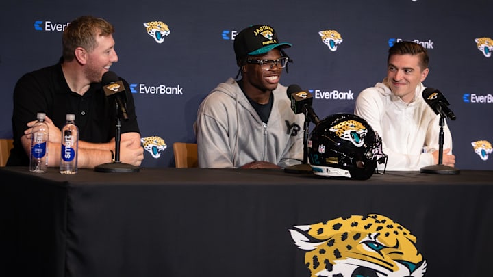Apr 25, 2025; Jacksonville, FL, USA; Jacksonville Jaguars first round draft pick Travis Hunter talks to the media during a press conference at Miller Electric Center. Mandatory Credit: Travis Register-Imagn Images Apr 25, 2025; Jacksonville, FL, USA; Jacksonville Jaguars first round draft pick Travis Hunter talks to the media during a press conference at Miller Electric Center. Mandatory Credit: Travis Register-Imagn Images
