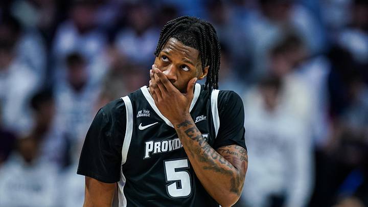 Jan 27, 2026; Storrs, Connecticut, USA; Providence Friars forward Jamier Jones (5) returns up court against the UConn Huskies in the second half at Harry A. Gampel Pavilion. Mandatory Credit: David Butler II-Imagn Images Jan 27, 2026; Storrs, Connecticut, USA; Providence Friars forward Jamier Jones (5) returns up court against the UConn Huskies in the second half at Harry A. Gampel Pavilion. Mandatory Credit: David Butler II-Imagn Images