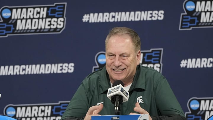 Mar 20, 2024; Charlotte, NC, USA; Michigan State Spartans head coach Tom Izzo during a press conference at Spectrum Center. Mandatory Credit: Bob Donnan-USA TODAY Sports