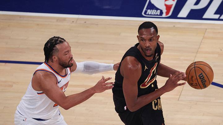 May 19, 2026; New York, New York, USA; Cleveland Cavaliers center Evan Mobley (4) controls the ball against New York Knicks guard Jalen Brunson (11) during the first quarter of game one of the eastern conference finals for the 2026 NBA playoffs at Madison Square Garden. Mandatory Credit: Vincent Carchietta-Imagn Images